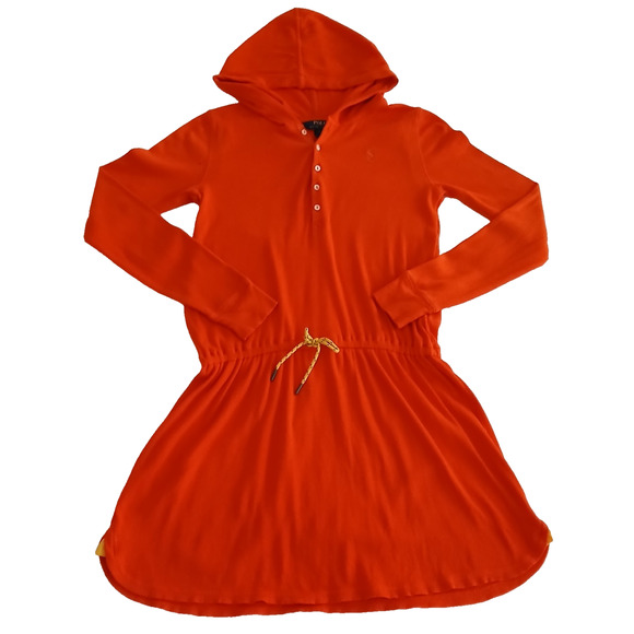 Polo Ralph Lauren Women L Sweat Dress Orange Long Sleeve Drawstring Waist Hoodie - Picture 1 of 13
